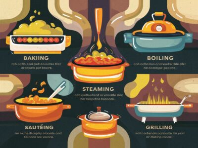 "Infographic comparing the 5 cooking methods of baking, boiling, steaming, sautéing, and grilling."