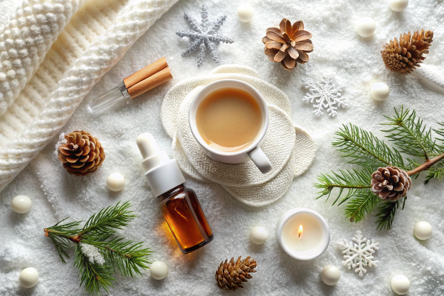 Essential winter skincare products flatlay with moisturizer, lip balm, and humidifier