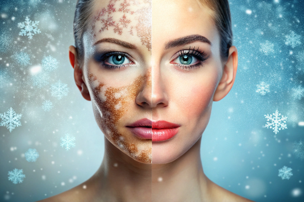 Winter skincare comparison: dry vs healthy skin in cold weather