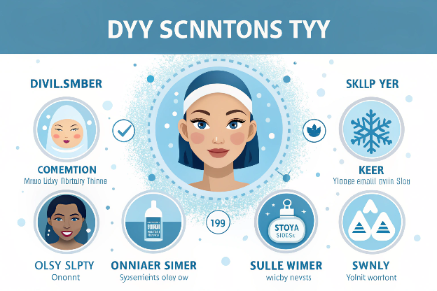 Winter skincare tips infographic for dry, oily, combination, sensitive, and normal skin types